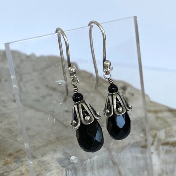 Sterling Silver 925 1.5" Checkerboard Faceted Black Glass Beaded Dangle Earrings - Picture 2 of 16